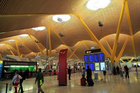 Modern architecture interior of terminal 4 building, Adolfo Suarez Madridâ€“Barajas airport,