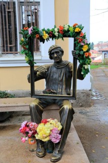 Sculpture portrait of artist outside Academy of Music, Dance and Fine Arts, Plovdiv, Bulgaria,