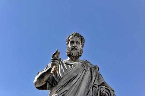 Statue of St Peter with key in detail in front of St Peter's Church, St Peter's Square, Old Town,