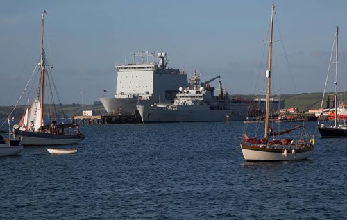 Naval ships and yachts in the port, Falmouth, Cornwall, England, UK