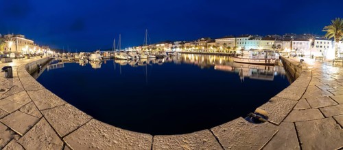 Blue hour, harbour of Mali Losinj, panoramic shot, island of Losinj, Kvarner Gulf Bay, Adriatic
