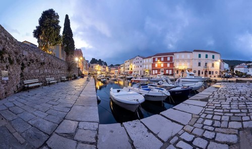 St. Anthony's Church and harbour, dawn, panoramic view, Veli Losinj, Kvarner Bay, Croatia, Europe