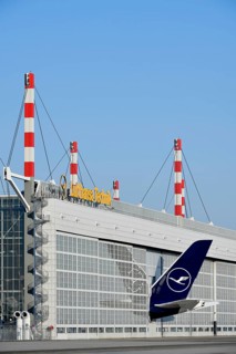 Lufthansa Airbus A380-800 tail fin with vertical stabiliser in the Lufthansa Technik maintenance