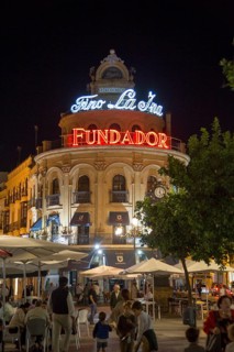 El Gallo Azul rotunda building cafe built in 1929 advertising Fundador brandy, Jerez de la