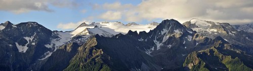 View over mountains along the mountain pass Passo di Gavia in the Italian Alps, Lombardy, Italy,