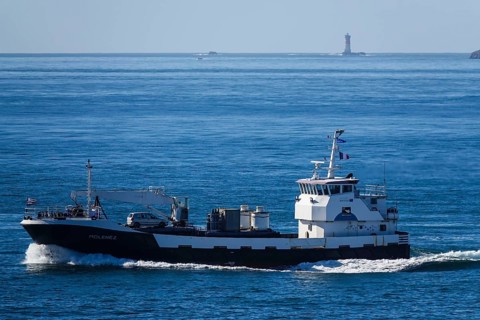 Transport ship Le Molenez for supplying the islands of Ouessant, Molene and Sein, here passing the