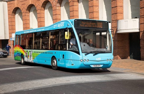 Single decker bus in central Ipswich, Suffolk, England, UK