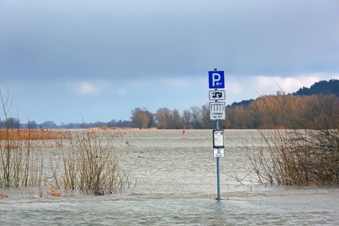 Flooded car park, parking for motorhomes, campervans at Lower Saxon Elbe Valley Biosphere Reserve