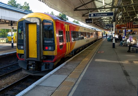 South Western Railway SWR Class 165 Turbo train 1158880 at Salisbury station, Wiltshire, England,