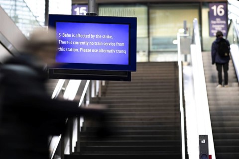 A notice board at Berlin Central Station indicates the GDL railway strike. S-Bahn is affected by