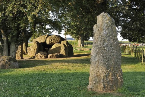 Megalithic Grand Dolmen de Weris and menhir made of conglomerate rock, Belgian Ardennes,