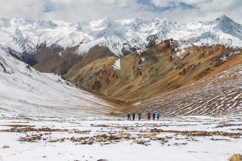 Looking down from Zherin La, a mountain pass in the remote part of the Zanskar Region, towards the