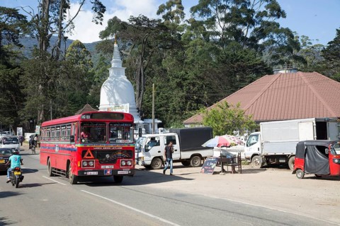 Red local bus passing Buddhist temple stupa, Nuwara Eliya, Sri Lanka, Asia, Sri Lanka, Asia