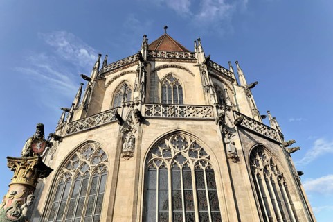 Heilig-Kreuz-Muenster, view from the east, built between 1210 and 1230, in front the lion fountain,