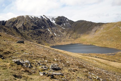 Striding Edge arete Helvellyn mountain peak and Red Tarn corrie lake, Lake District, Cumbria,