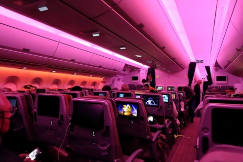 Interior view at night Airbus A 350 900 Singapore Airline, Singapore, Asia