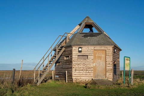 Bird hide at the nature reserve Verdronken Land van Saeftinghe, salt marsh of the Western Scheldt