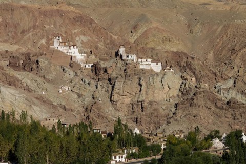 Basgo Gompa, the Buddhist monastery and fortress in Central Ladakh, with the village below it and