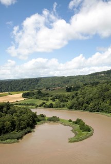 View north towards Lancaut over incised meander, gorge and river spit, River Wye, near Chepstow,