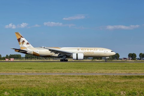 Etihad Cargo Boeing 777-FFX with registration A6-DDD lands on the Polderbaan, Amsterdam Schiphol