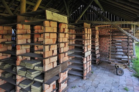 Drying yard with bricks and tiles in shelves at brickworks, Boom, Belgium, Europe