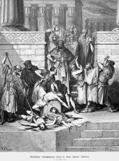 Nebuchadnezzar murders the children of Zidekiah, 2nd Book of Kings, murder, kill, temple, steps,
