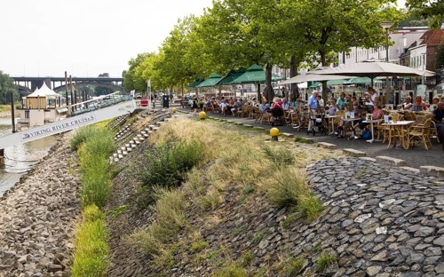 Waterfront cafes on Waalkade, River Waal, Nijmegen, Gelderland, Netherlands