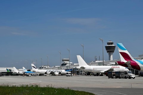 Overview Eurowings, Iberia, Finnair, KLM and Air Lingus aircraft at check-in position at Terminal 1