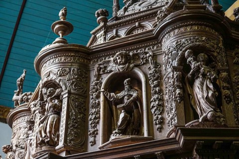 Renaissance-style carved canopy of the baptismal font, Enclos Paroissial enclosed parish of