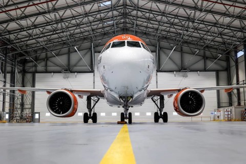 An easyJet Airbus A320 neo stands in the newly opened easyJet maintenance hangar. The entire