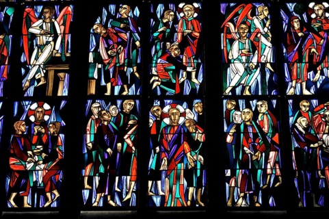 Church windows with Christian motifs, Heilig-Kreuz-Muenster, start of construction around 1315,