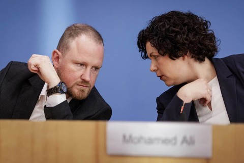 Christian Leye, Member of the Bundestag, and Amira Mohamed Ali, recorded at the Federal Press