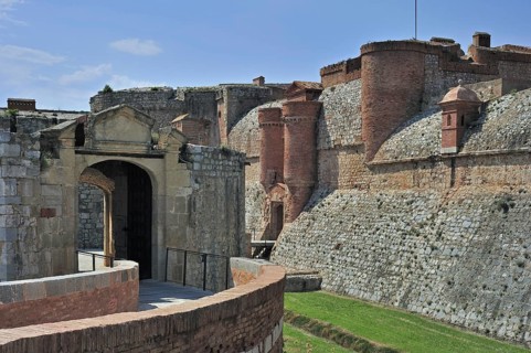 Entrance gate of the Catalan fortress Fort de Salses at Salses-le-Chateau, Pyrenees, France, Europe