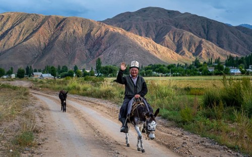 Man in traditional Kyrgyz dress riding on a donkey along a village street and greeting friendly,