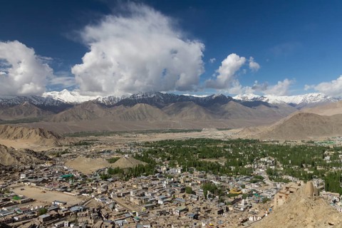 Leh, the capital town of Ladakh and main settlement in the region, with the Indus Valley below and