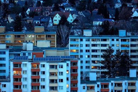 View of tower blocks and apartment blocks in the Neukoelln district of Berlin. The rise in rents in