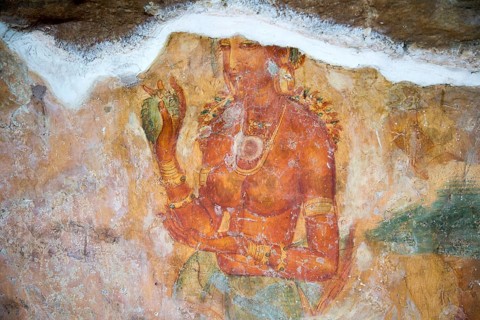 Rock painting frescoes of maidens in the palace fortress, Sigiriya, Central Province, Sri Lanka,