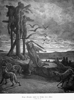 Rispa or Repha protects the bodies of her sons, 2nd Book of Samuel, crucifixion, dying, birds,