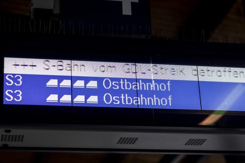 A display board on the S3 reads, S-Bahn affected by GDL strike. Today is the second day of the