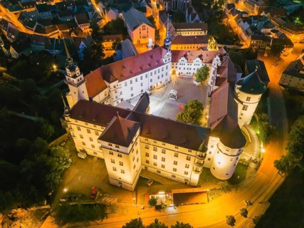 Hartenfels Castle from above, at dusk, Torgau, Saxony, Germany, Europe