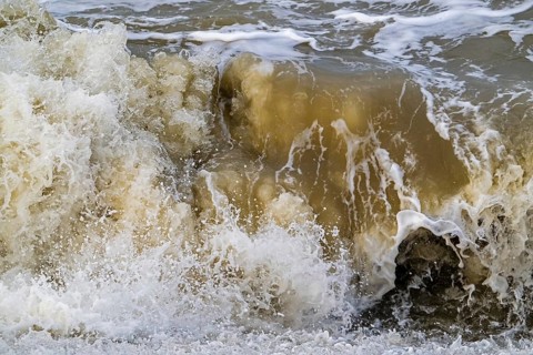 Wave crashing /rolling on beach during winter storm along North Sea coast in Zeeland, Netherlands