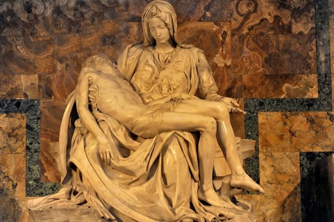 Marble sculpture Carrara white marble sculpture in warm light Pieta by Michelangelo Mary Mother of