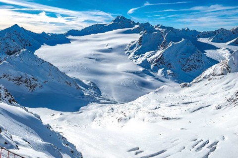 View from the Mutkogel mountain station of the Tiefenbach glacier to the Wildspitze, Austria's