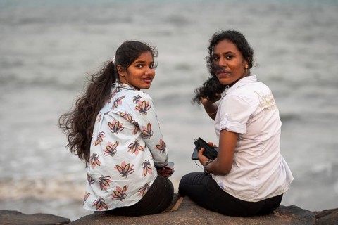 Young modern Indian women, promenade, former French colony Pondicherry or Puducherry, Tamil Nadu,