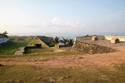 Coastal scenery and historic walls of the fort, Star Bastion, Galle, Sri Lanka, Asia looking south,
