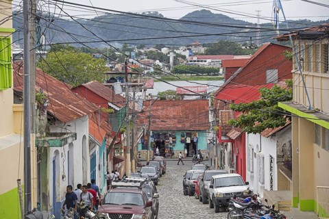 Street in the city Flores, capital of the Peten Department, Guatemala, Central America