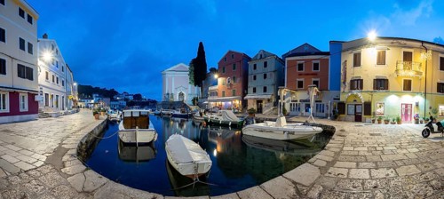 St. Anthony's Church and harbour, blue hour at dawn, panoramic view, Veli Losinj, Kvarner Bay,