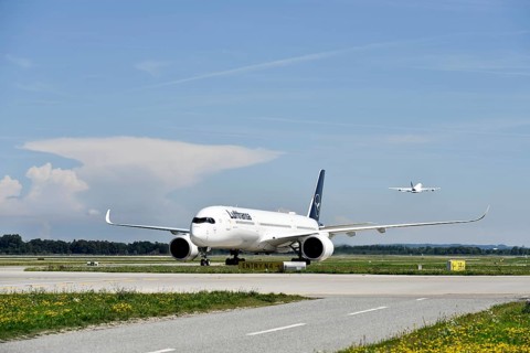 Lufthansa Airbus A350-900 after landing on taxiway from Runway North to Terminal 2, Munich Airport,