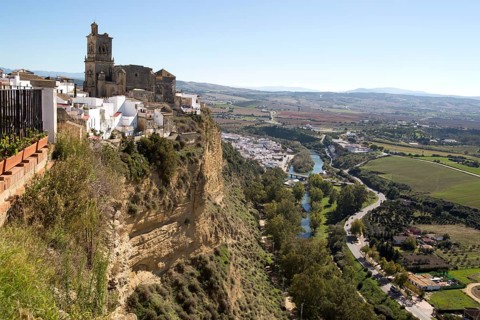 Cliff top buildings church of San Pedro, village of Arcos de la Frontera, Cadiz province, Spain,