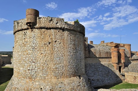 Moat and ramparts of the Catalan fortress Fort de Salses at Salses-le-Chateau, Pyrenees, France,